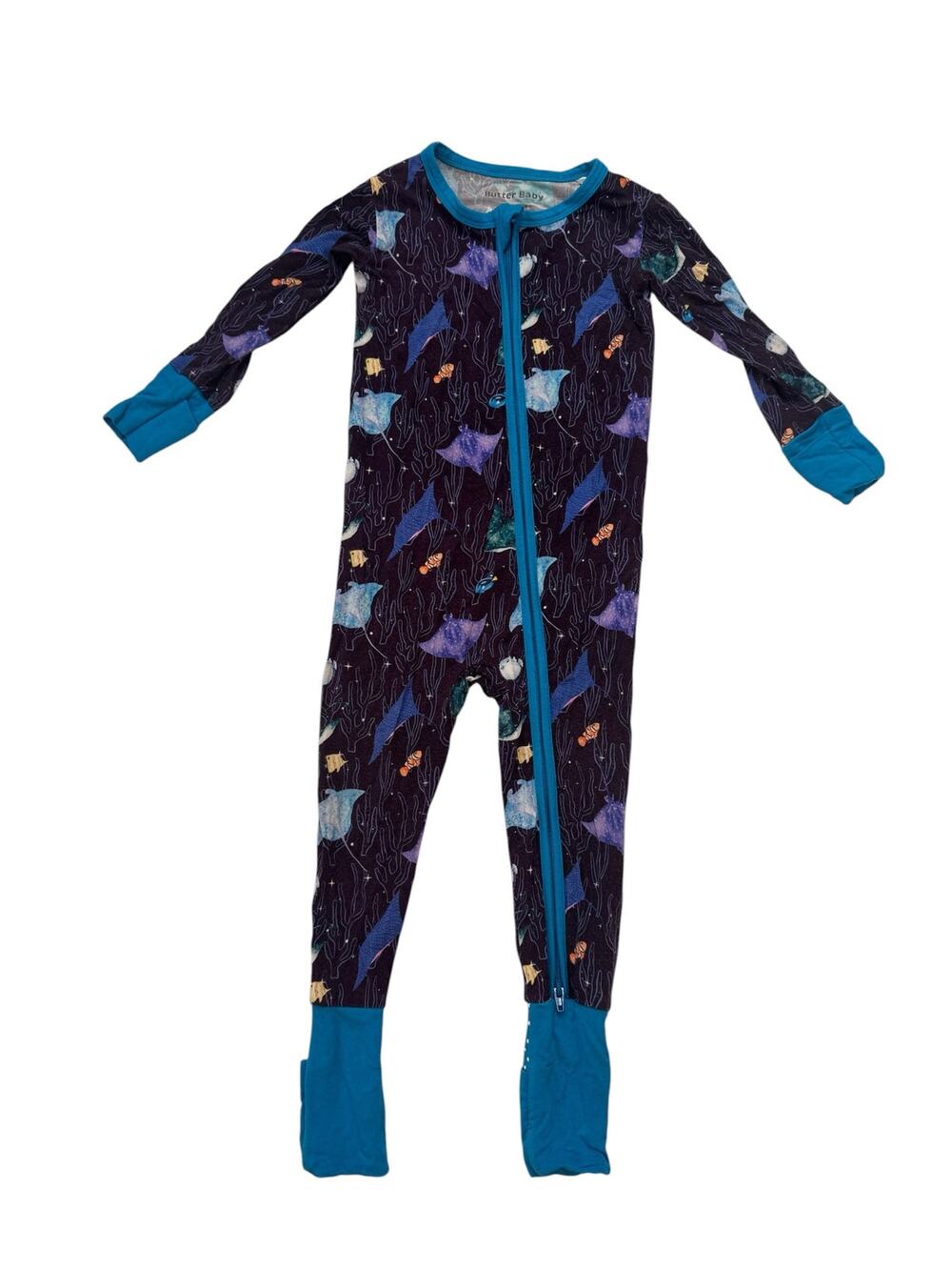 BUTTER BABY Bamboo Deep Sea Rays Fish Dark Blue Zippy Pajama 12-18 Months Unisex